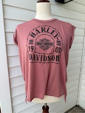 Harley Davidson Womens Dusty Rose Pink Graphic Tee Shirt Muscle Raw Hem Size M